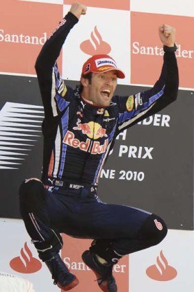 Jumping for joy . . . Mark Webber.