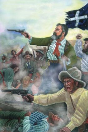 Standing firm ... Gregory Blake's painting shows members of the Independent California Rangers' Revolver brigade fending off troops and police.