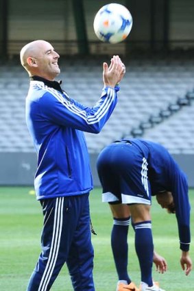 Coach Kevin Muscat during a Melbourne Victory training session at Etihad Stadium on Monday.