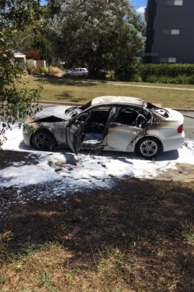 The remains of the car which caught fire in Watson on Friday.