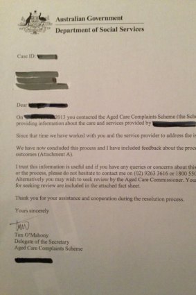 Letter from the Aged Care complaints scheme regarding an elderly person in a Canberra nursing home.