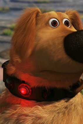 Doug the dog in <em>Up</em> has a collar that translates his thoughts into human speech.