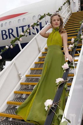 Launch: Georgia May Jagger poses on steps leading up to a new British Airways 777-700ER aircraft at Sydney Airport.