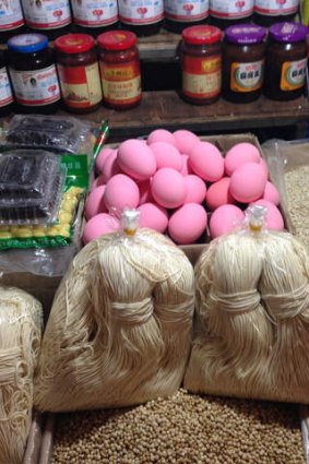 Pink duck eggs at the Orussey Market in Phnom Penh.