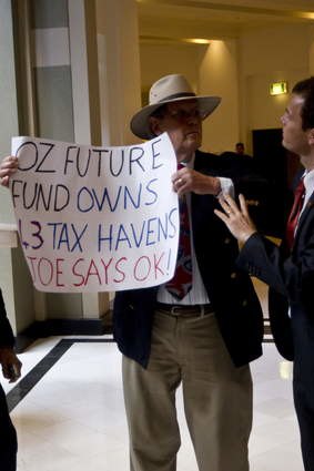 Protester Bill Johnstone, who objected to investments in tax havens by the government's Future Fund.