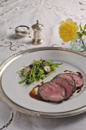 Coffee-rubbed fillet of beef with a green bean salad.