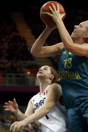 Going for the shot ... the Opals' Rachel Jarry during the last preliminary round Group B match against Canada.