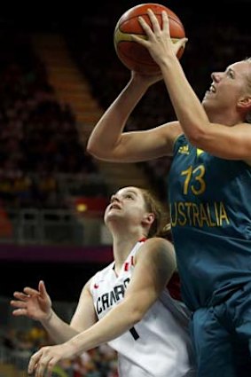 Going for the shot ... the Opals' Rachel Jarry during the last preliminary round Group B match against Canada.