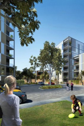 An artist's impression of the 12-storey complex of 448 apartments and 18 townhouses.