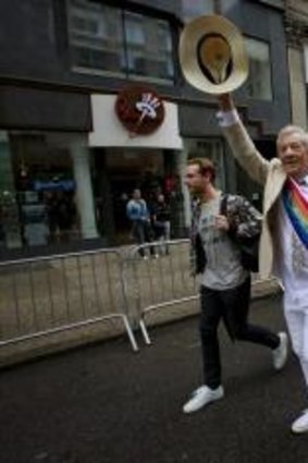 Ian McKellen and Derek Jacobi wave to the crowd as they attend as grand marshals during the annual Gay Pride parade in New York on June 28.