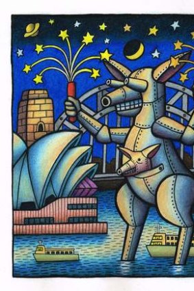 <i>Mechangaroo Celebrates</i>: own a Reg Mombassa artwork of Sydney New Year's Eve. <a href="http://www.smhshop.com.au/reg">www.smhshop.com.au/</a>