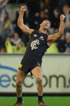 Brock McLean celebrates at the final siren after kicking the winning goal for Carlton against Richmond on July 28, 2012.