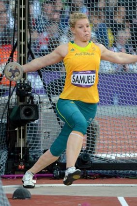 Heave-ho ... Australia's Dani Samuels lets one fly during the women's discus final.