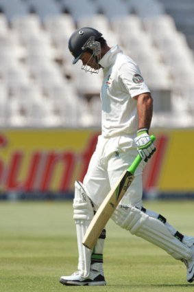 Ricky Ponting walks off after being dismissed for a duck during the second Test.