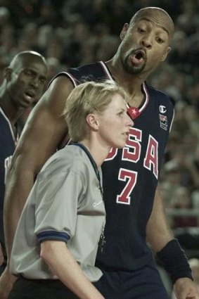 Alonzo Mourning of reacts to a decision during a pre-Olympics tournament in Melbourne in 2000.