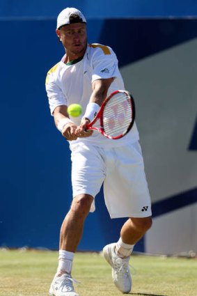 Feeling young: Lleyton Hewitt returns to his old form in a win against Argentine Juan Martin del Potro during the Queen's Club quarter-finals.