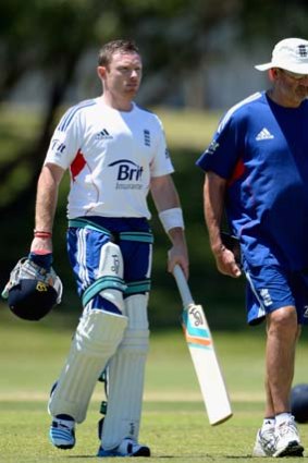 Ian Bell speaks to England batting coach Graham Gooch during a nets session at Floreat Oval on Tuesday.