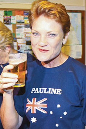 Out of  luck . . . independent Pauline Hanson has a quiet beer last night.