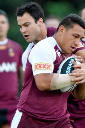 David Shillington tackles Josh Papalii during a Queensland Maroons State of Origin training session on May 29.