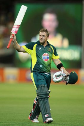 One perfect day: Celebration time for Aaron Finch after his century last weekend.