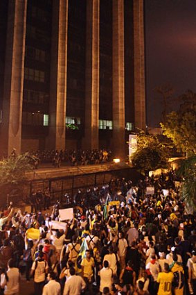Protesters gather in front of the City Hall in Rio de Janeiro.