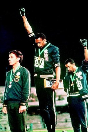 Spirit of rebellion &#8230; Peter Norman, Tommie Smith and John Carlos on the podium at the Mexico City Olympics in 1968.