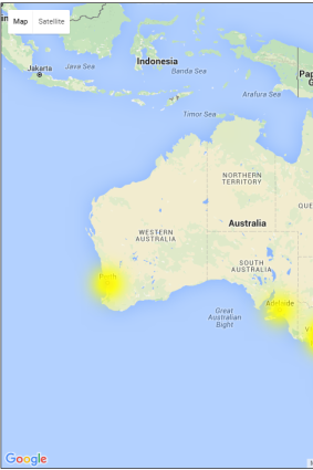 A map of areas affected by outages on the Australian Telstra network on Tuesday.