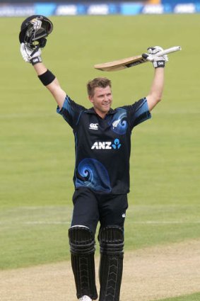 New Zealand batsman Corey Anderson celebrates his whirlwind hundred during the third one-day international against the West Indies in Queenstown.
