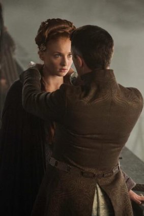 Sansa Stark gets a dangerous kiss from Petyr 'Littlefinger' Baelish with jealous auntie Lysa Arryn watching.