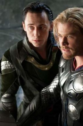 Teaming up again .. Tom Hiddleston as Loki and Chris Hemsworth as Thor.
