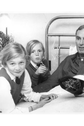 Hey Dad … Bruce Gyngell in hospital in 1970 with children, from left, Briony, 9, Skye, 7, and David, 4.