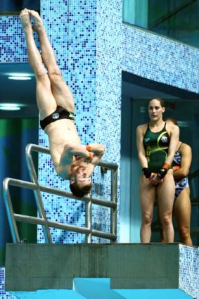 Matthew Mitcham of Australia takes a practice dive at the Dr. S.P. Mukherjee Swimming Complex on Tuesday.