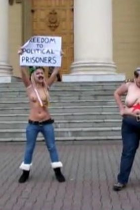 Femen protesters on the steps of the Belarus KGB headquarters in Minsk last month.