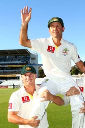 Ricky Ponting is chaired into retirement by David Warner and Michael Clarke.