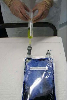 The urine converter bags being tested in the lab.