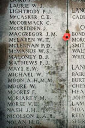 The names of missing Australian soldiers inscribed on Menin Gate in Belgium.