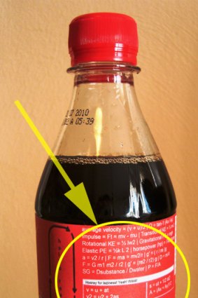 Look at the fine print ... a Coke bottle featuring a label onto which answers to exam questions have been printed.