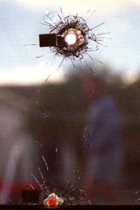 Shooting ... a bullet hole at Lakemba Police Station in 1998.