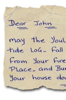 Not your average friend: Words from a Christmas card (below) that Chopper sent to John Silvester in 1990.