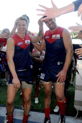 Remember this? Colin Sylvia and Mark Jamar after Melbourne beat Richmond in round 19, 2010.