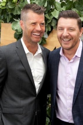 From left: Pete Evans and Manu Fieldel at MKR launch, Cremorne.