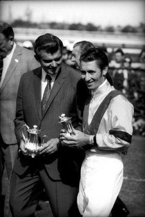 Prized silver: Roy Higgins with trainer Bart Cummings after winning the Queen Elizabeth Stakes in 1970.