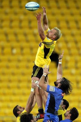 Mark Reddish of the Hurricanes wins a lineout during the match against the Western Force at Westpac Stadium in Wellington on Friday.