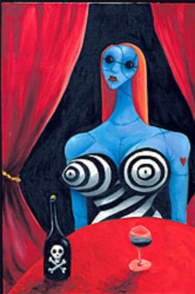 Tim Burton’s distinctive style is on display in <i>Blue Girl with Wine</i> c 1997.