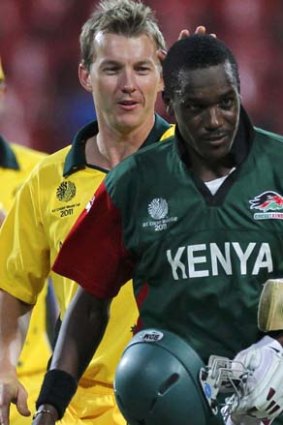 Brett Lee consoles Collins Obuya after the Kenyan remained nout out two runs short of his century.