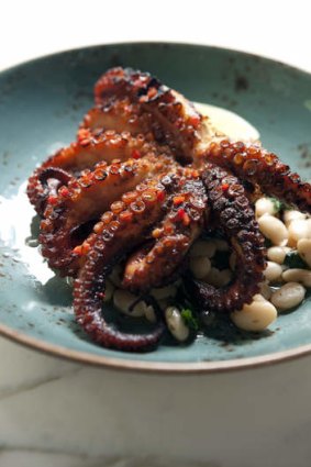 <i>Octopodes</i> with pureed spinach, white beans and red-wine vinaigrette.