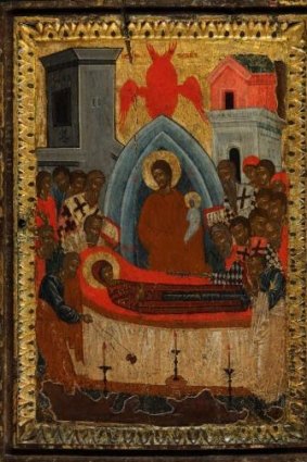 Luscious reds in gold: Works such as the 16th-century <i>Dormition of the Mother of God</i> were created with egg tempura, gold leaf and gesso on linen.