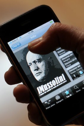 An Apple's Iphone user shows an application from the Italian Itunes store called IMussolini.