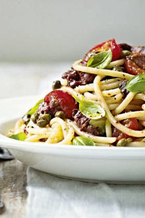 Pasta with tomatoes, anchovies and chillies.