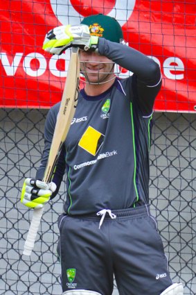 Recalled Australian batsman Phillip Hughes in the nets yesterday.